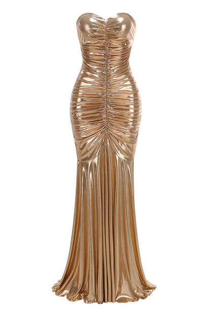 Gold Metallic Ruched Mermaid Gown