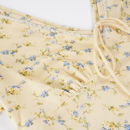 Cream Ditsy Floral Maxi Dress with Fitted Bodice and Flared Paneled Skirt