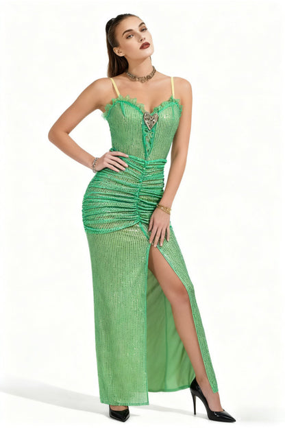 bertha high slit pleated sequin maxi dress in green