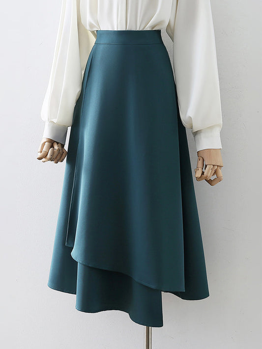 Teal High Waist Irregular Layered Midi A Line Skirt Business Elegant Long Skirt