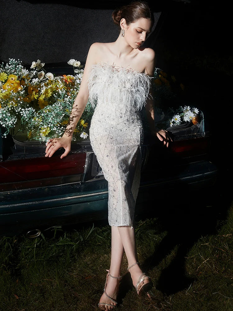 Masa White Haute Couture Feather Sequin Dress