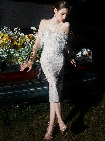 Masa White Haute Couture Feather Sequin Dress