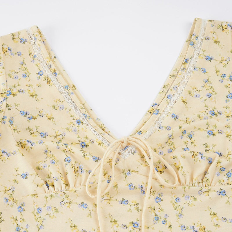 Cream Ditsy Floral Maxi Dress with Fitted Bodice and Flared Paneled Skirt