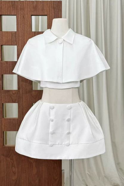 White Cape Collar Crop Top & Double Button Pleated Mini Skirt Two Piece Set