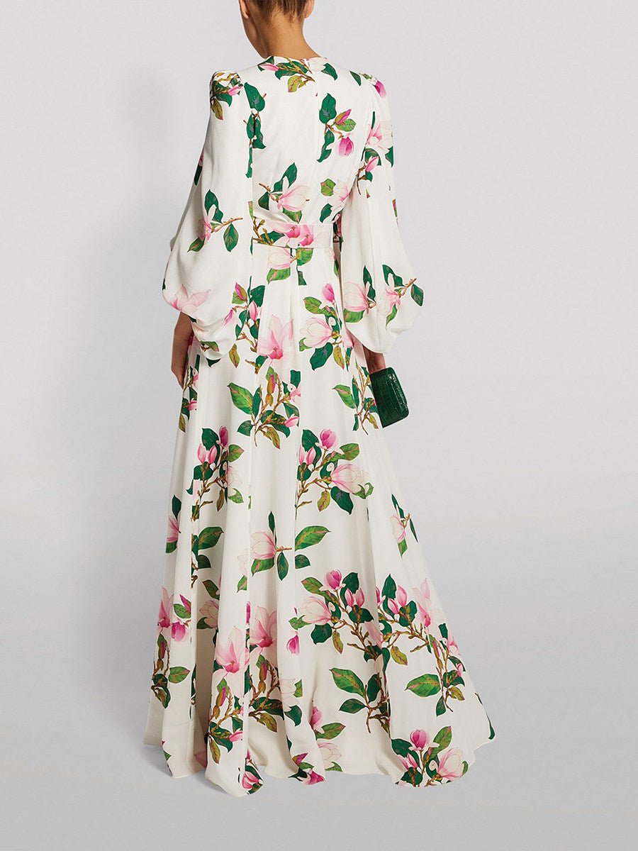 White Floral Print Satin Maxi Dress with Balloon Sleeves