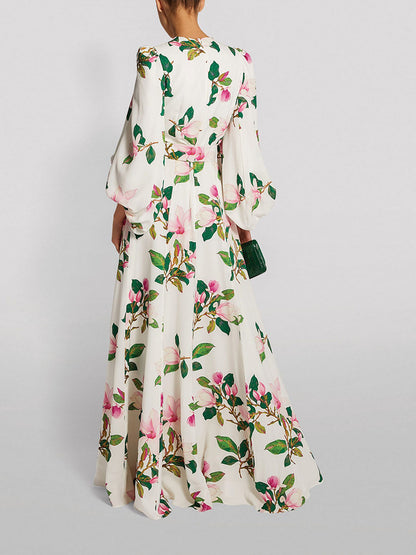White Floral Print Satin Maxi Dress with Balloon Sleeves