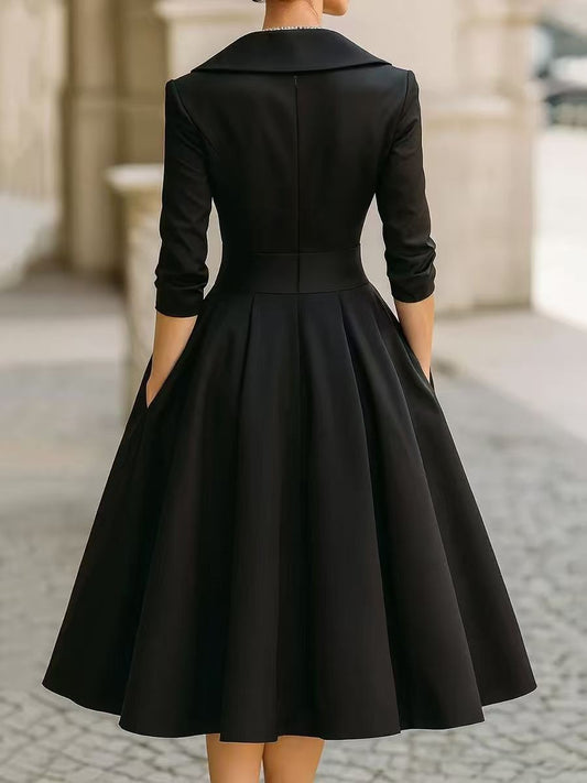 Lapel Collar Wrap V Neck Satin Midi Swing Dress