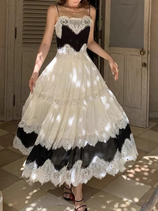 Black & White Lace Tiered Spaghetti Strap Maxi Dress