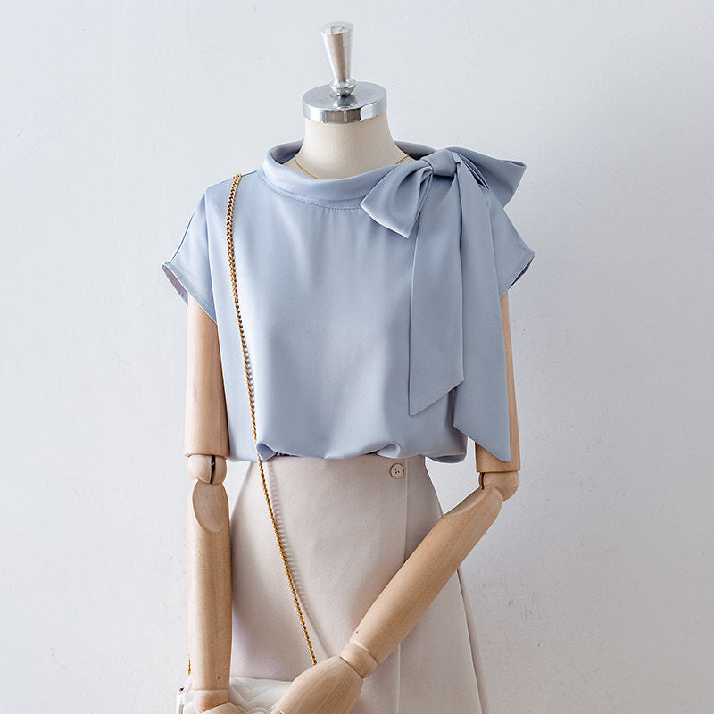 Asymmetrical Side Big Bow Stand Collar Cap Sleeve Satin Blouse