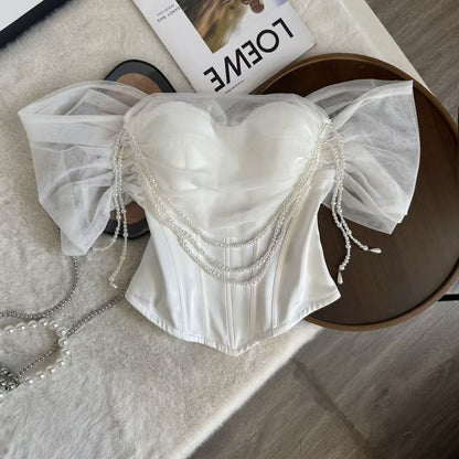 White Structured Satin Corset Top with Pearl-Embellished Off-Shoulder Sleeves