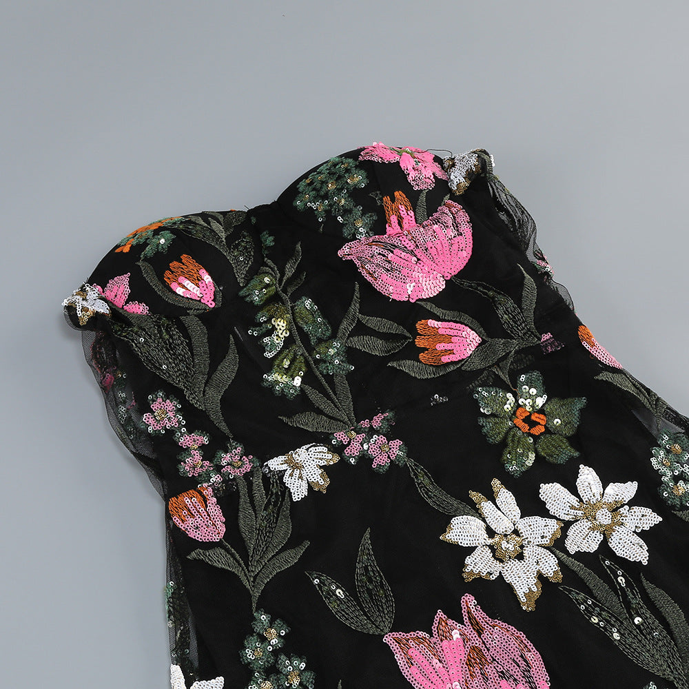 Black Floral Embroidered Mesh Column Dress