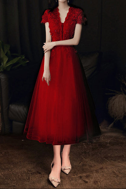 3D Floral Lace Short Sleeve Tulle Floor-Length Evening Gown