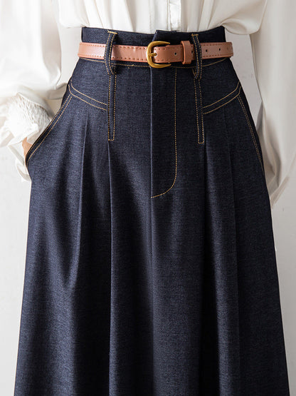 High Waist Pleated Denim Midi Skirt with Leather Belt