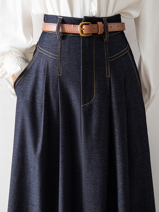 High Waist Pleated Denim Midi Skirt with Leather Belt