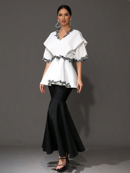joanna V-Neck Half Sleeve Floral Bandage Top & Skirt Two-Piece Set