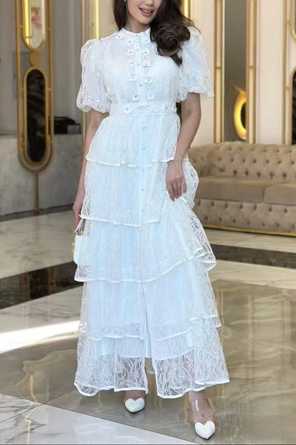 elvira appliqué Lace layer maxi dress in white
