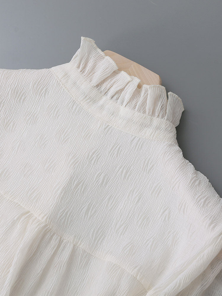 Ruffled Stand Collar Pearl Button Lantern Long Sleeve Textured Blouse