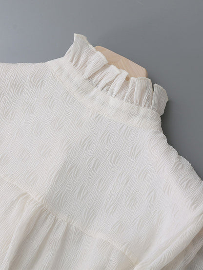 Ruffled Stand Collar Pearl Button Lantern Long Sleeve Textured Blouse