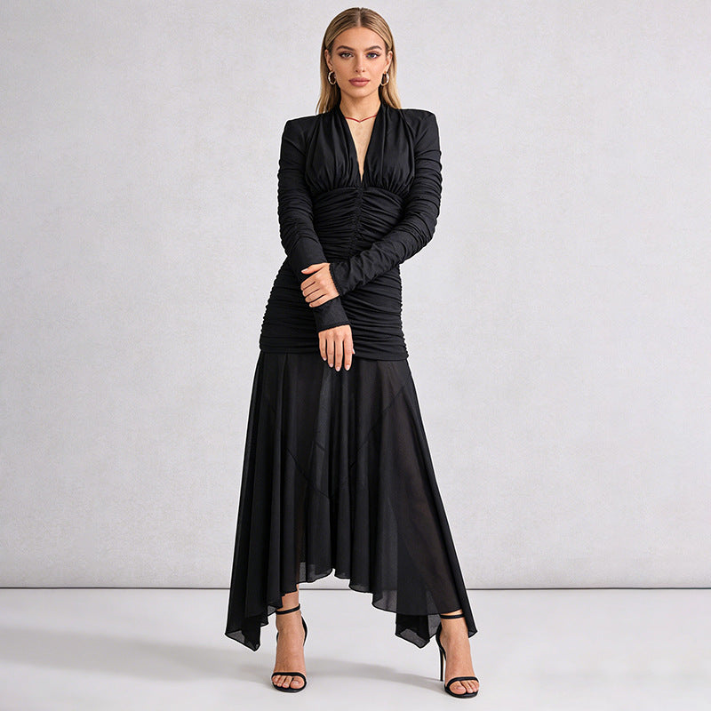 josephine v-neck ruched long-sleeve maxi dress in black