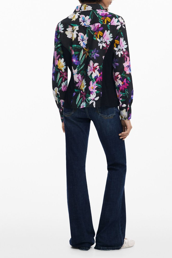 Black Vibrant Floral Print Long Sleeve Button-Down Shirt