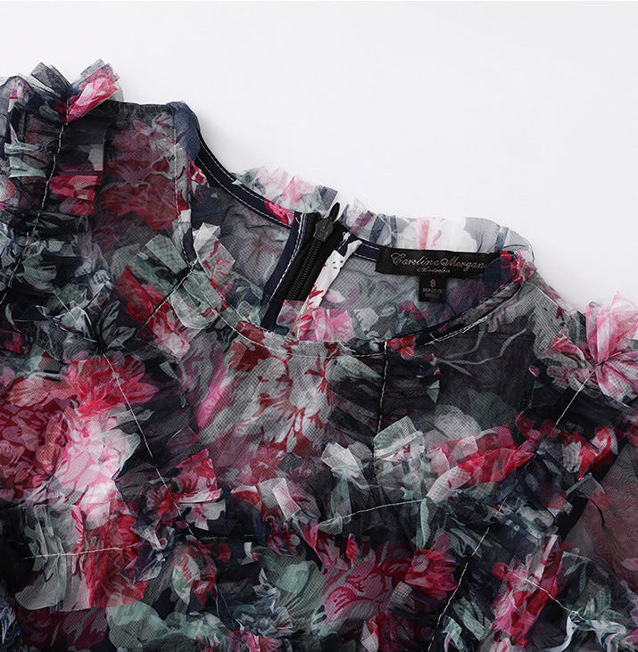 Navy Blue Floral Sheer Organza A-Line Midi Dress with 3D Ruffled Detail