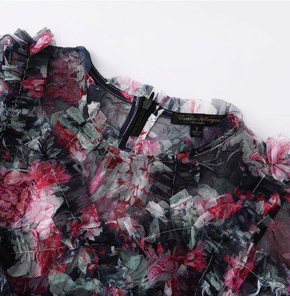 Navy Blue Floral Sheer Organza A-Line Midi Dress with 3D Ruffled Detail