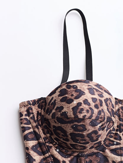 Calista Brown European and American style leopard print velvet strapless camisole