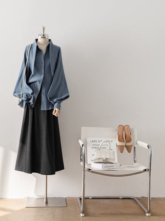 Oversized Point Collar Lantern Sleeve Blouse