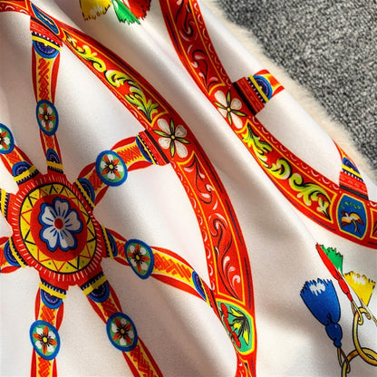 White Cotton Poplin Fit-and-Flare Midi Dress with Sicilian Carretto Print