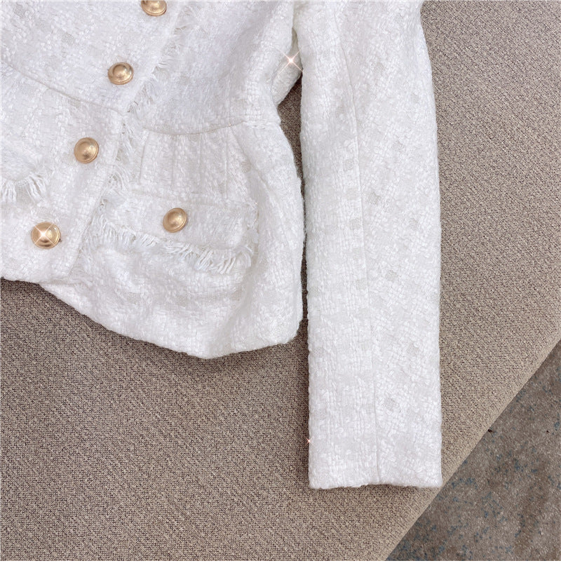 Metal button wool shorts two-piece set - white
