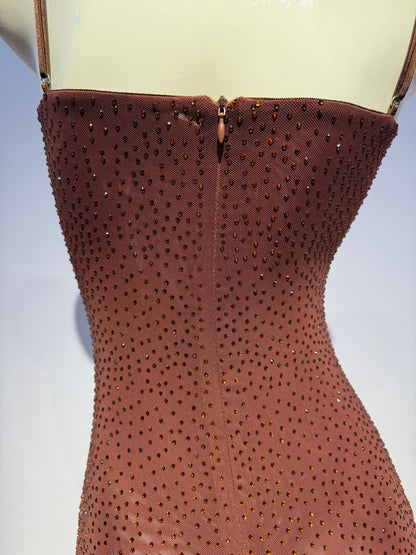 brown stretch knit with glitter overlay bodycon dress