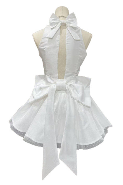 nora off-shoulder Backless lace bow mini dress in white