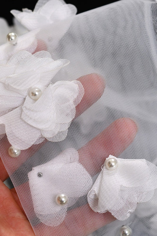Sheer Tulle Long Detachable Arm Sleeves with 3D Fabric Flowers &amp; Pearl Beads