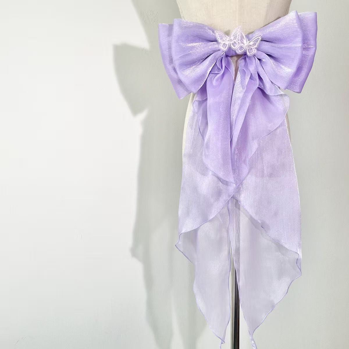 White Shimmer Organza Giant Bow Ruffle Long Trailing Bridal Waist Sash