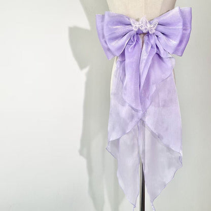 White Shimmer Organza Giant Bow Ruffle Long Trailing Bridal Waist Sash