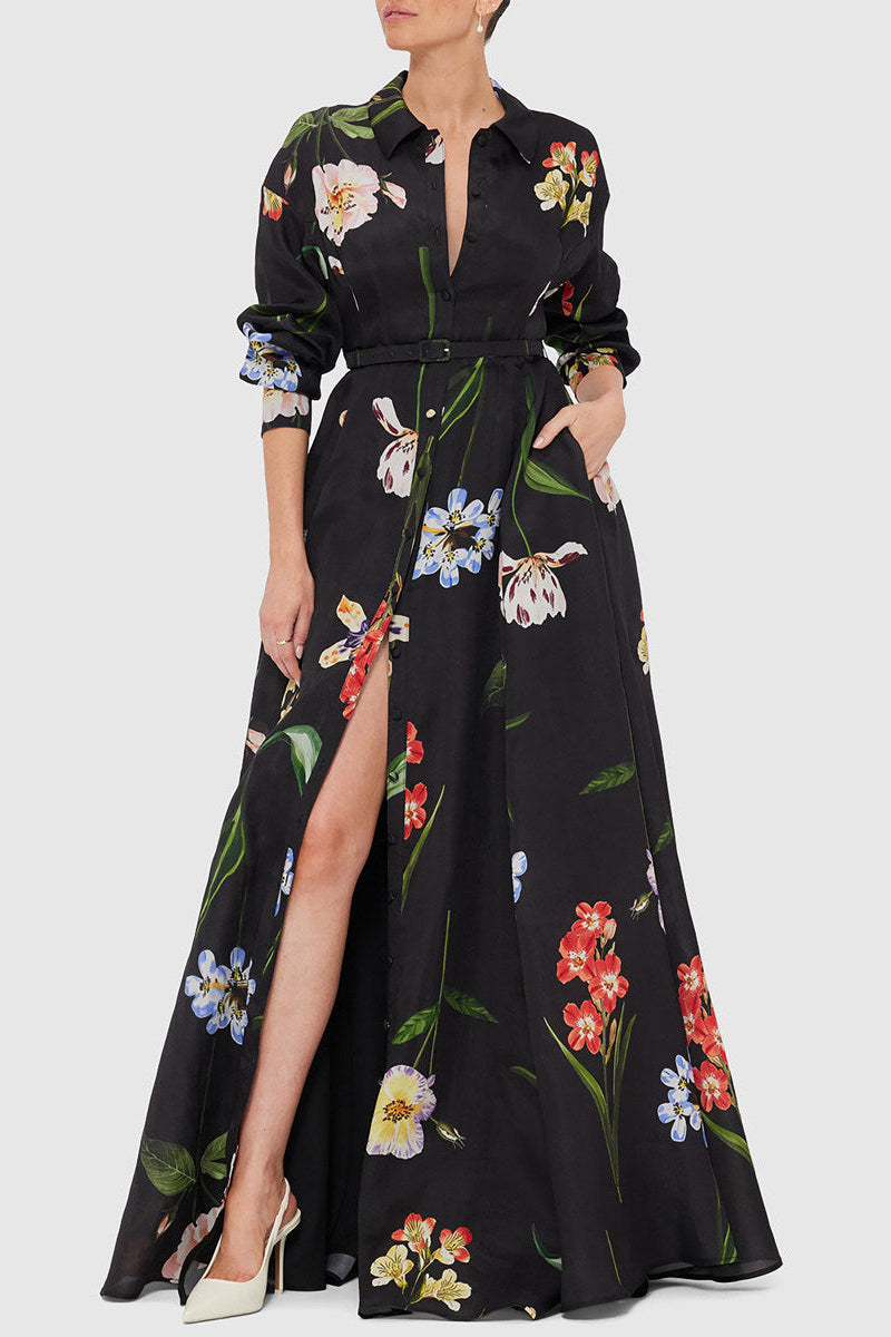 Black Floral Print Belted Shirt Maxi Dress with Slit