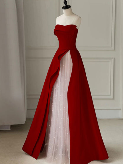 Aline Burgundy Satin sleeveless Long Prom Dress