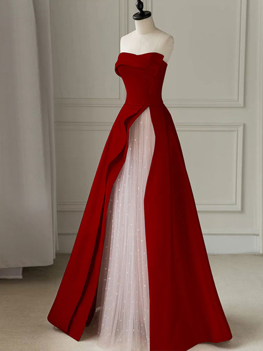 Aline Burgundy Satin sleeveless Long Prom Dress