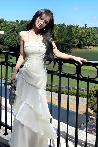 Side Ruched Tiered Ruffle Satin Spaghetti Strap Maxi Dress