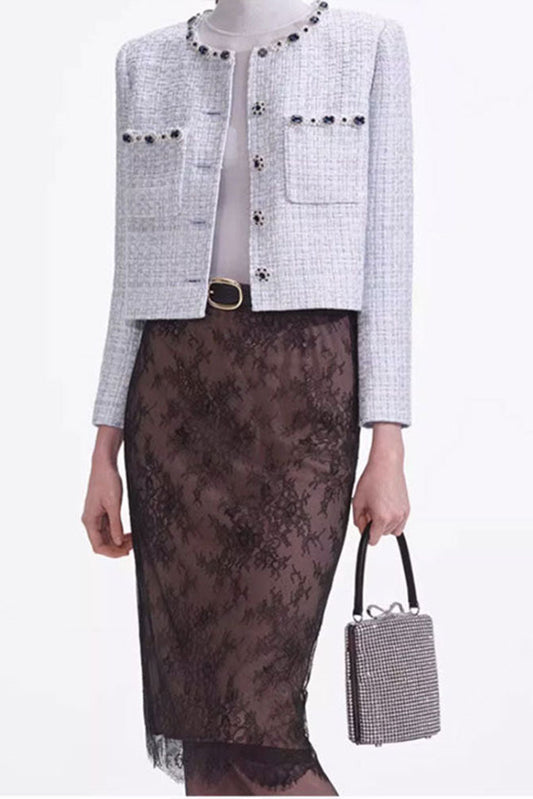 zenobia pale blue beaded Embellished Tweed Jacket