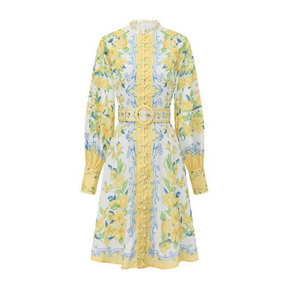Lemon Floral Single-Breasted Midi Dress With Belt - yellow