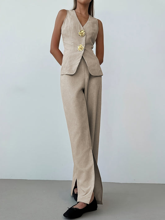 Khaki High Waist Front Slit Wide Leg Suit Pants Textured Linen Blend Office Trousers