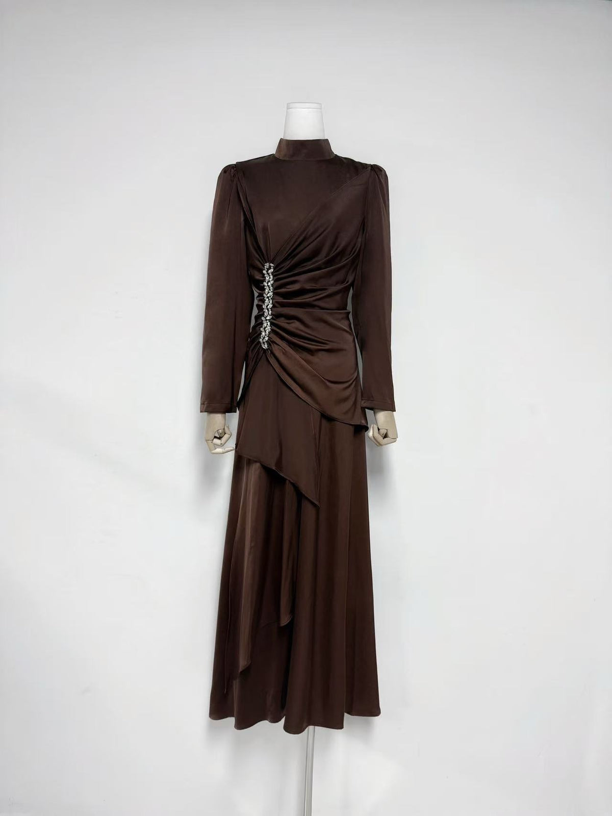 beulah Long sleeves with beading pleated maxi dress in brown