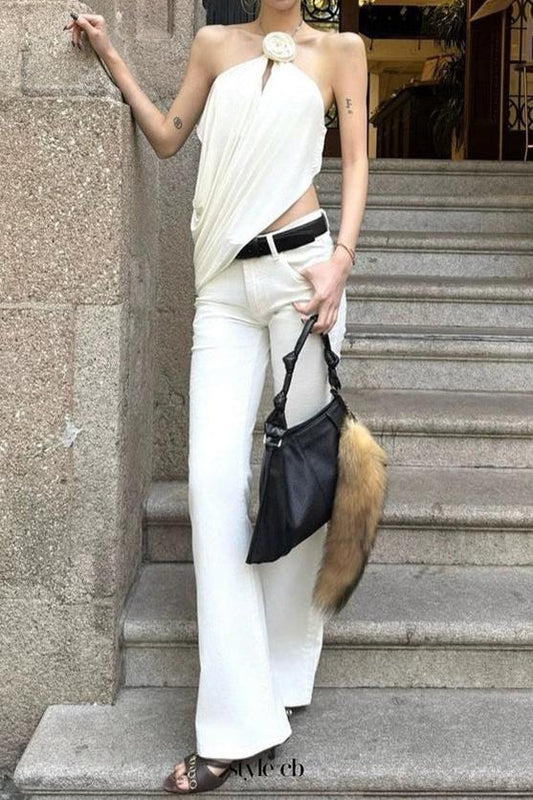 Satin Cowl Neck Halter Top in white