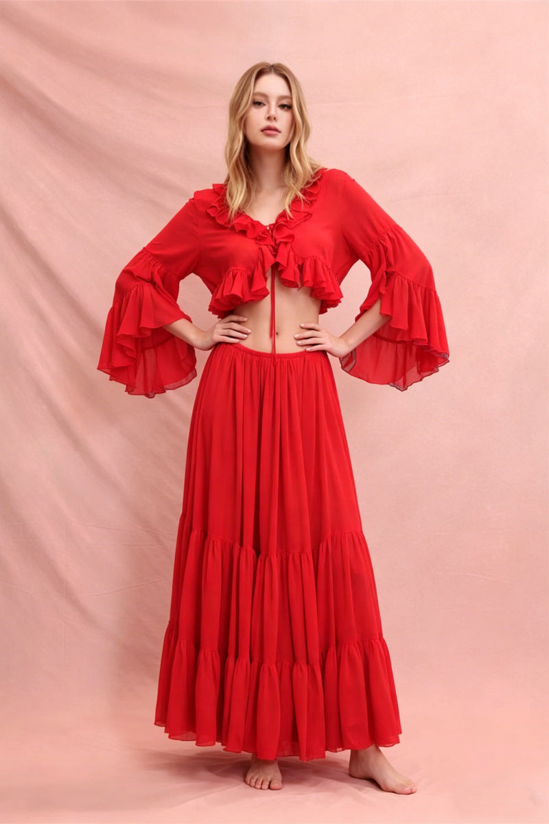 Ruffle cardigan crop top & maxi skirt set - red