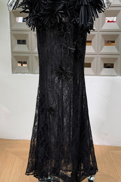 Black Lace Maxi Dress with 3D Floral Appliqués