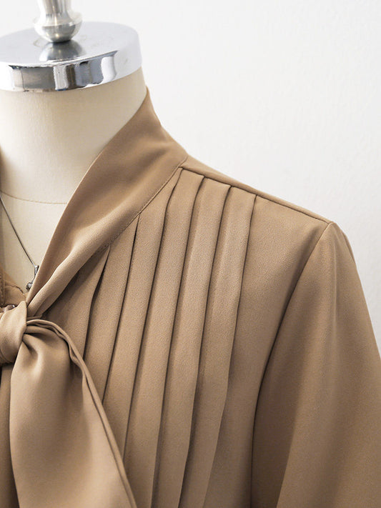 Big Bow Tie Neck Pleated Puff Short Sleeve Satin Blouse