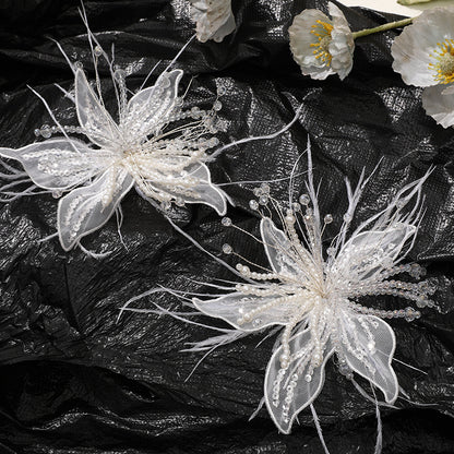 Picture-perfect pure white lace feathers, pearls, crystal flowers, DIY twisted silk flower headwear, claw clip clothing accessories