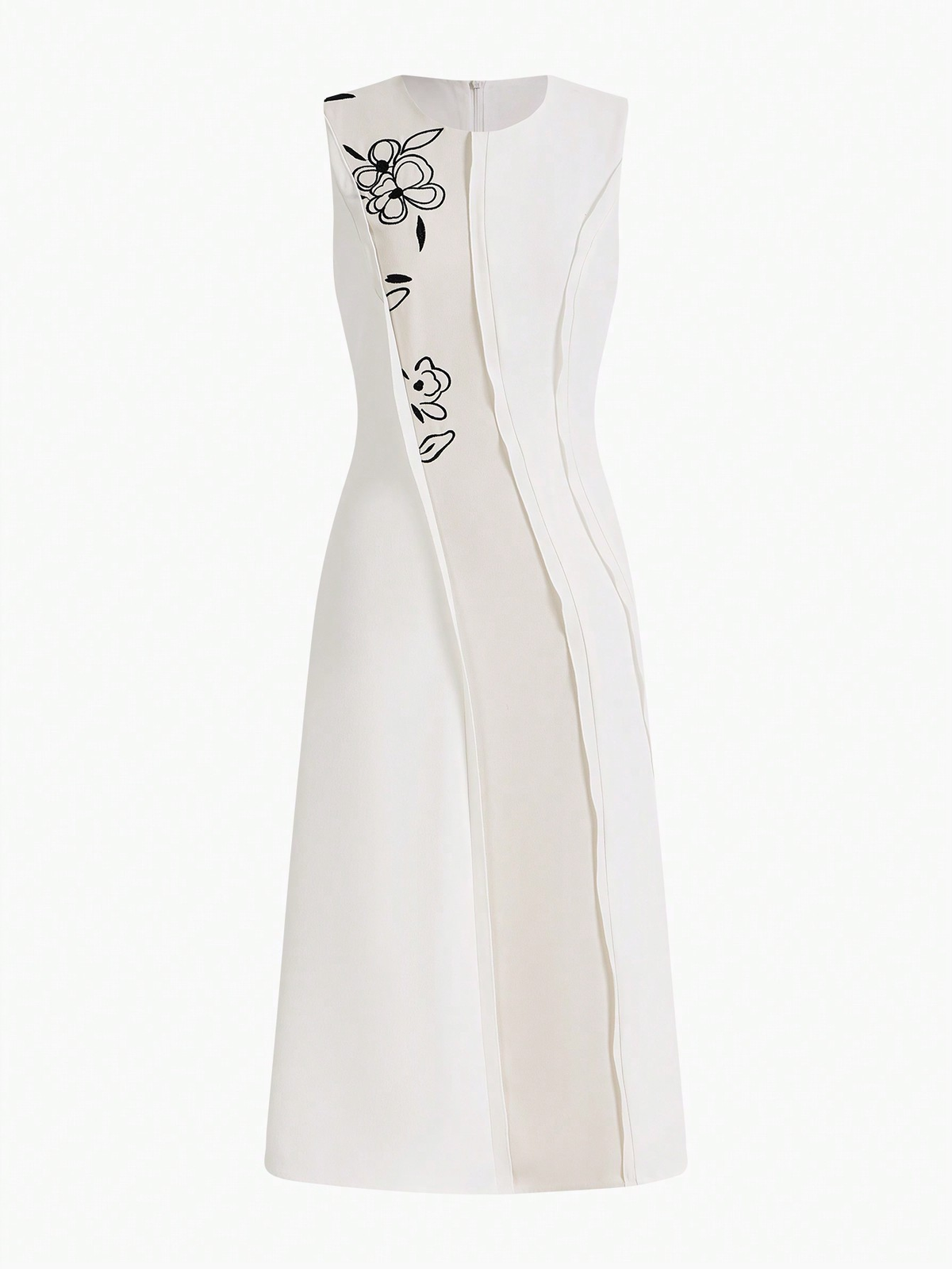 White & Beige Color-Block Floral Embroidered Sleeveless Midi Dress