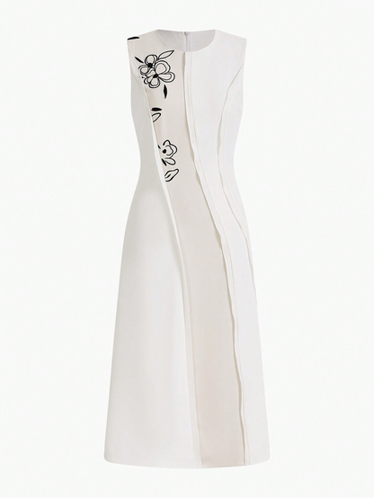 White & Beige Color-Block Floral Embroidered Sleeveless Midi Dress